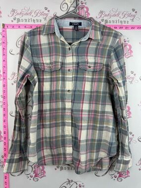 Chaps button down long sleeve Women's Plaid Button-Up Shirt Pink, Gray & Cream